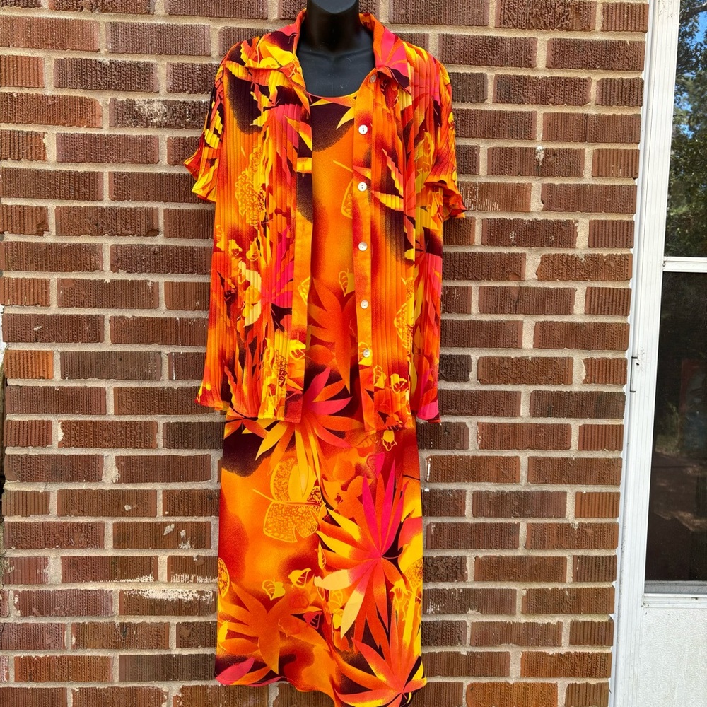 DRESS U II by Sharon Floral Orange 2 Piece Skirt Set Size 14 Dress Top Ruffled